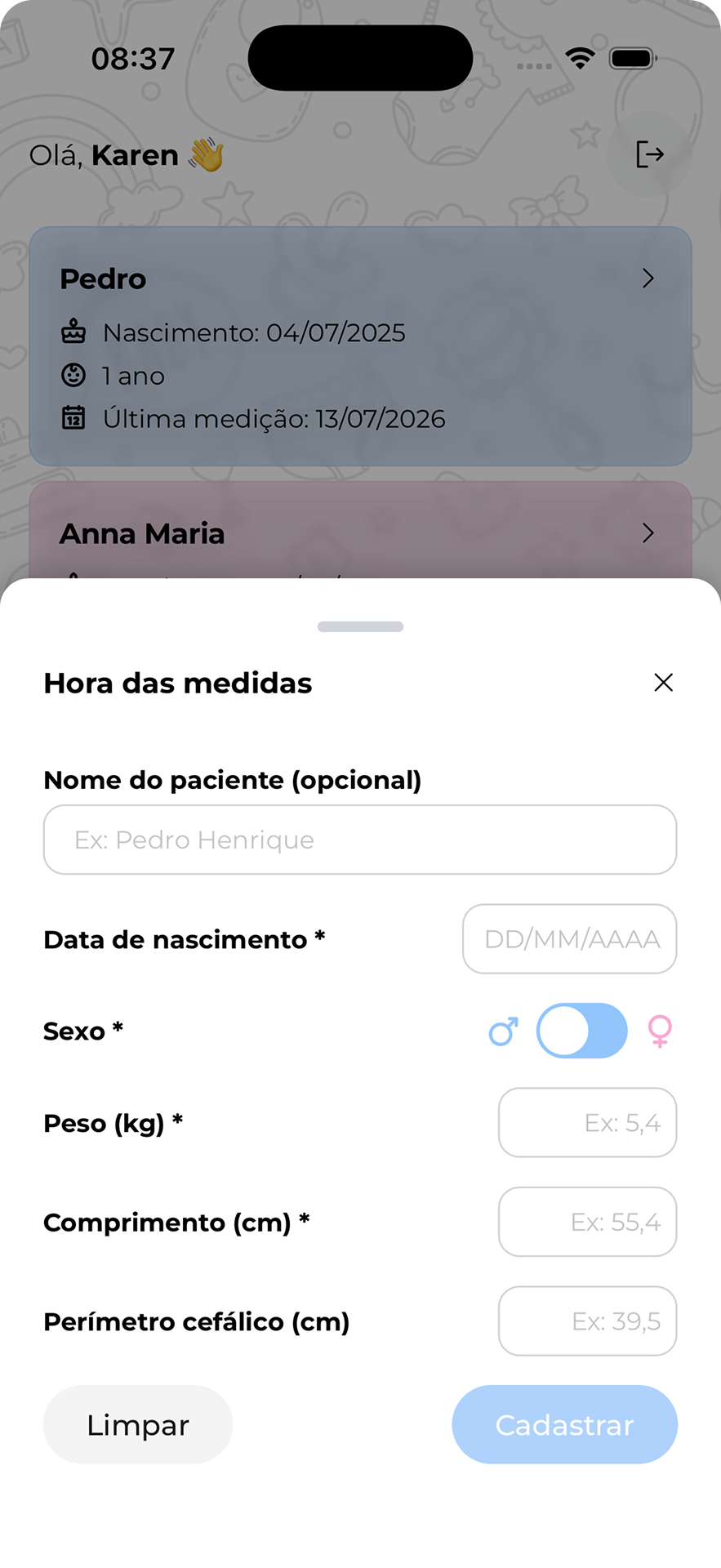Formulário de inserção de medidas do paciente